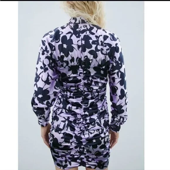 Zara Satin Effect Black and Lilac Dress Sz Large - Picture 2 of 8